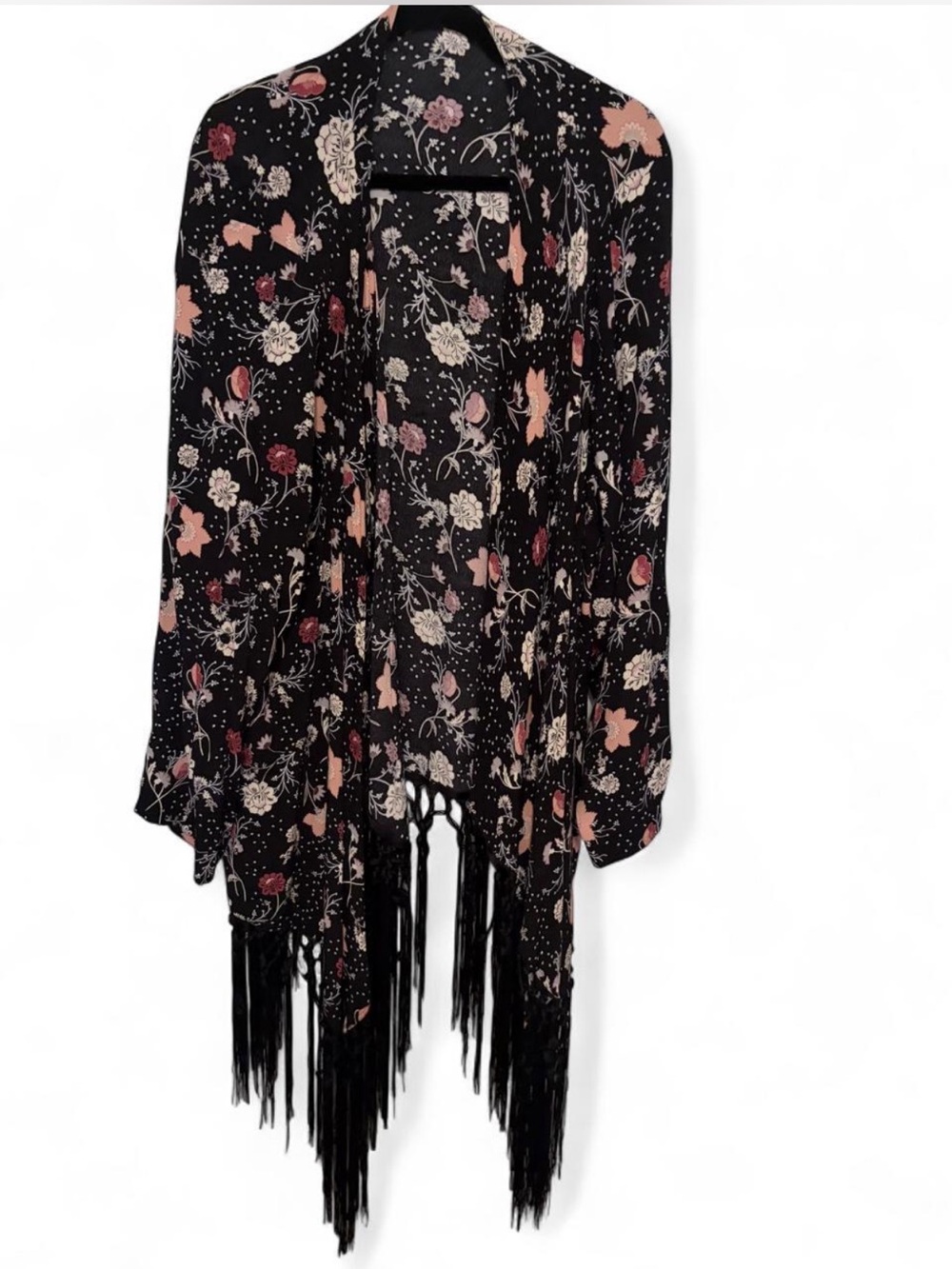 torrid Black Floral Blouse with Peach and Cream Flowers Kimono with Fringe